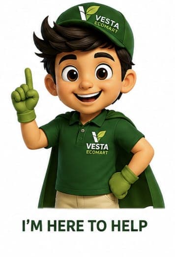 Vesta, the VESTA Ecomart mascot, raising a finger to offer help
